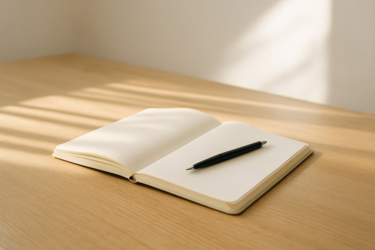 Heller Holztisch im Morgenlicht, darauf ein aufgeschlagenes Notizbuch und ein Stift - stille, poetische Szene zum Jahresanfang