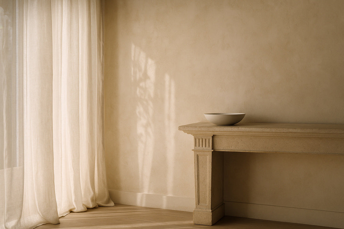 Lichtdurchfluteter Raum mit hellem Leinenvorhang, antiker Stein-Konsole und schlichter Porzellanschale - minimalistisch, elegnate Szene im Luxus-Editorial-Stil.