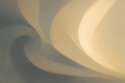 Abstrakte, moderne Komposition aus weichen, transluzenten Lichtwellen und gebogenen Formen in Beige, Creme, Blau und warmem Grau. Die Szene wirkt wie ein weiter, atmender Raum