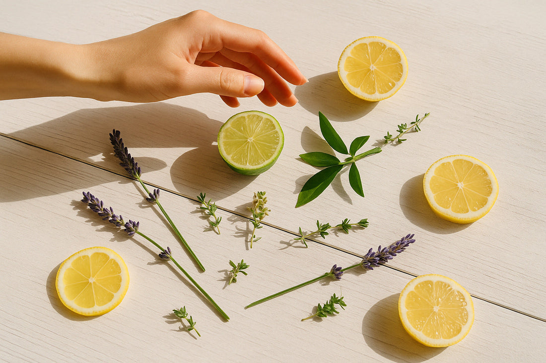 Hand über frischen Zitronenscheiben, Limette und Lavendelzweigen auf weißem Holz - Symbol für natürliche Düfte und Wohlbefinden.
