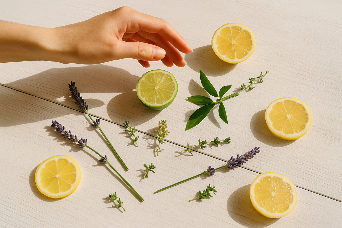 Hand über frischen Zitronenscheiben, Limette und Lavendelzweigen auf weißem Holz - Symbol für natürliche Düfte und Wohlbefinden.
