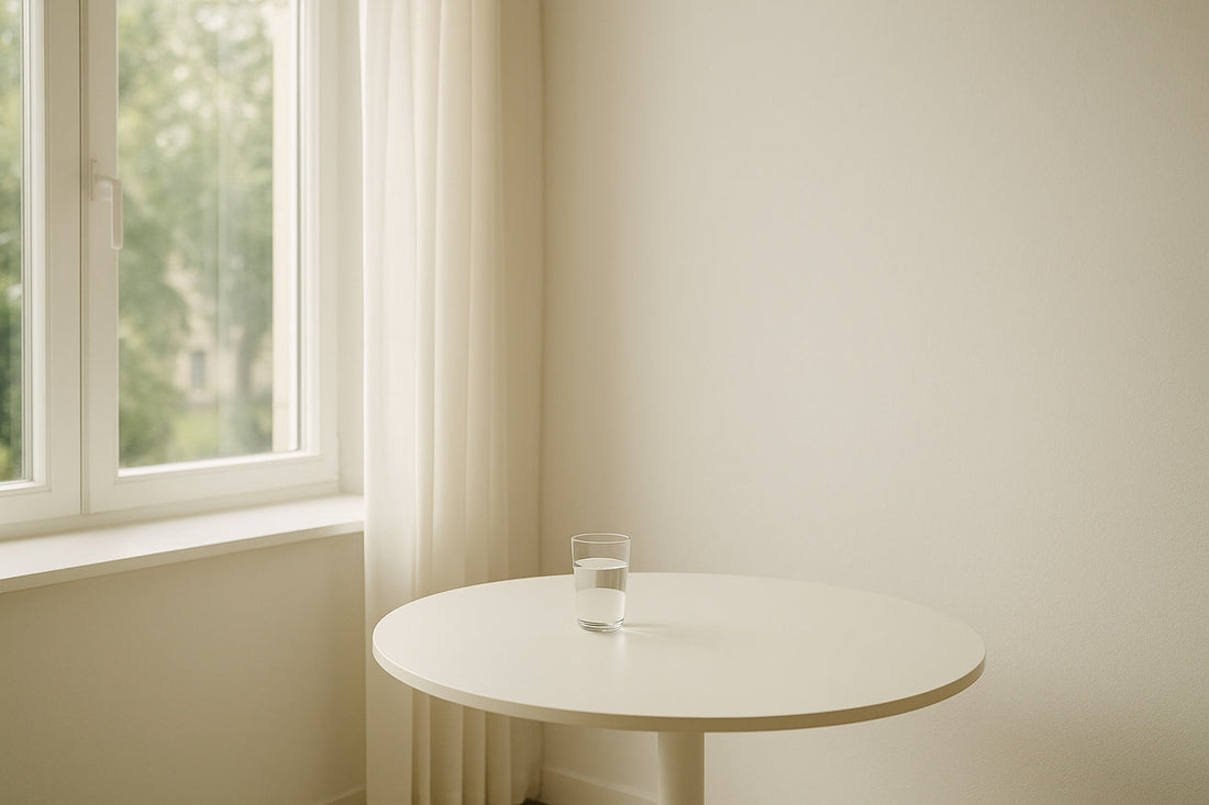 Heller Minimalistischer Raum mit grossem Fenster, auf dem Tisch steht ein Glas Wasser - ruhige, klare Atmosphäre im Slow-Living-Stil.