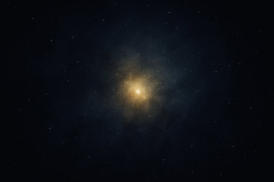 Ein dunkler, tiefblauer Raum mit einem deutlich sichtbaren, goldenen Lichtkern in der Mitte, umgeben von feinem Sternenstaub. Symbol für das Universum im Inneren des Menschen – still, leuchtend und unendlich