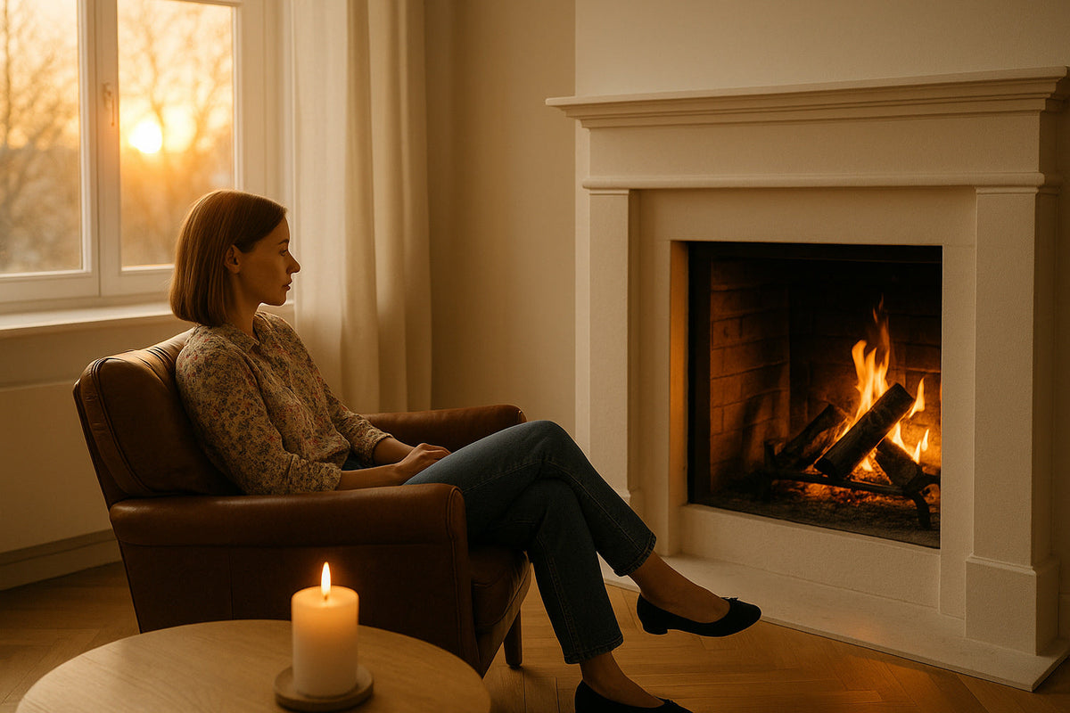 Junge Frau in blumiger Bluse und Jeans sitzt in einem Ledersessel am Kaminfeuer, Abendsonne fällt durch das Fenster - ruhige, edle Stimmung voller Wärme und Geborgenheit.
