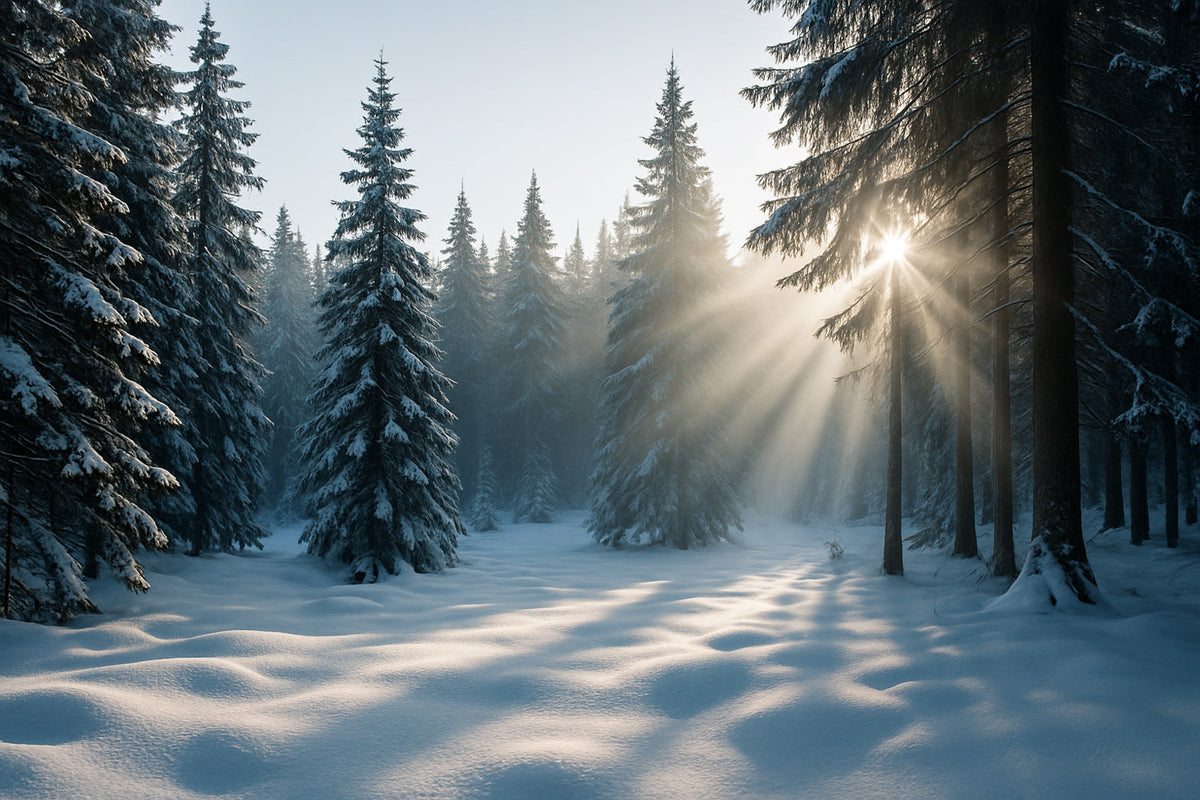 Verschneiter Tannenwald im Winter, Sonnenstrahlen brechen durch die Bäume und lassen den Schnee leuchten - ruhige, poetische Dezemberstimmung