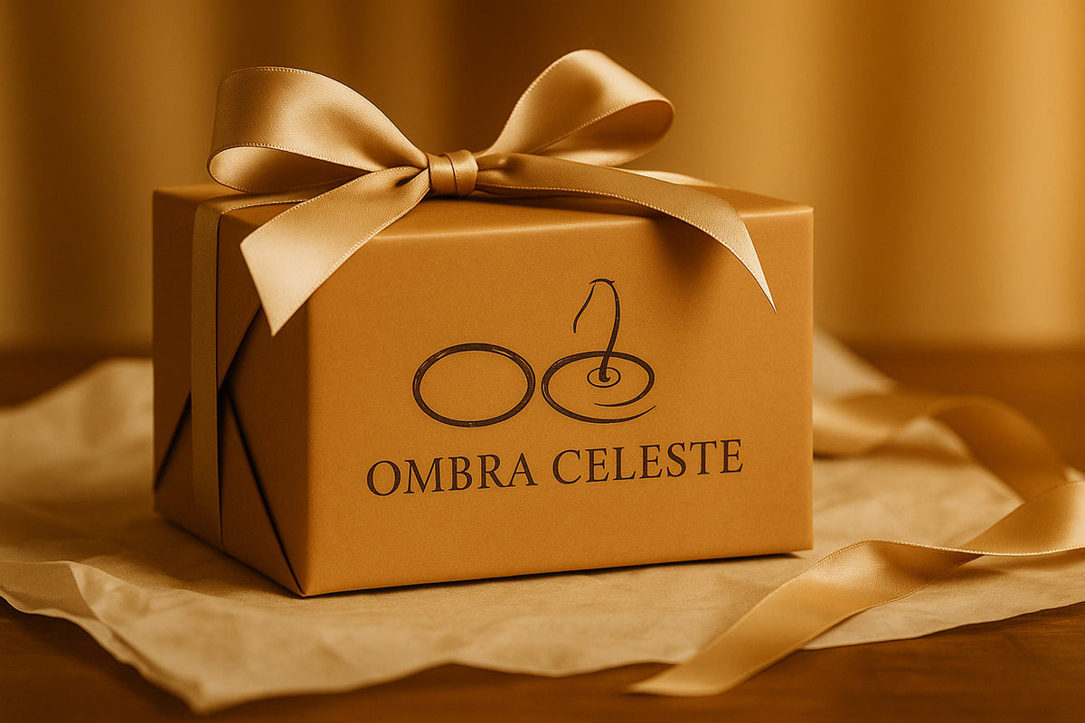 Luxuriöse Ombra Celeste Geschenkbox im Editorial-Stil mit goldenem Licht, Seidenpapier und Satinband - Symbol für das Unboxing - Ritual