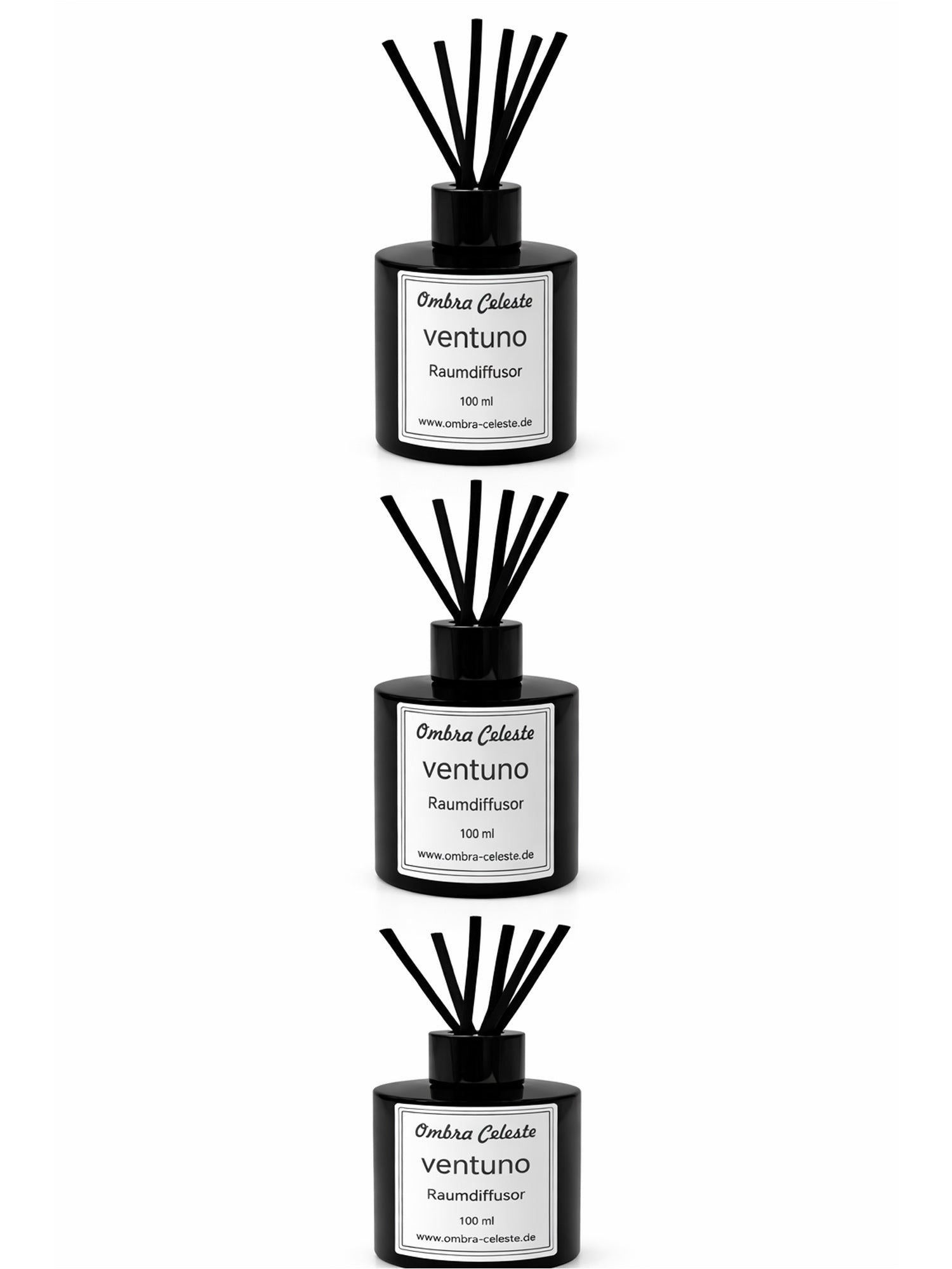 Drei Ombra Celeste Raumdiffusoren in schwarzem Glas untereinander auf weißem Hintergrund