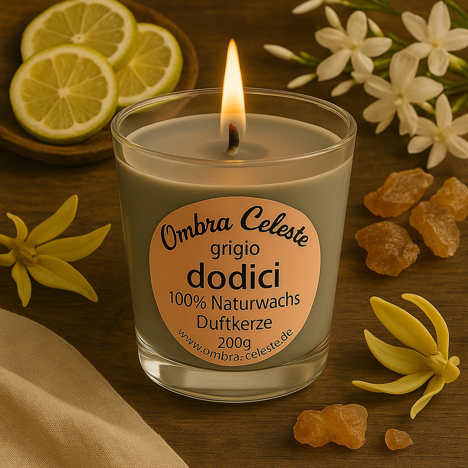 Kerze dodici grigio – Duftkomposition mit Zitrus, Blüten und Amber, mediterran arrangiert, hochwertiges Naturwachs.