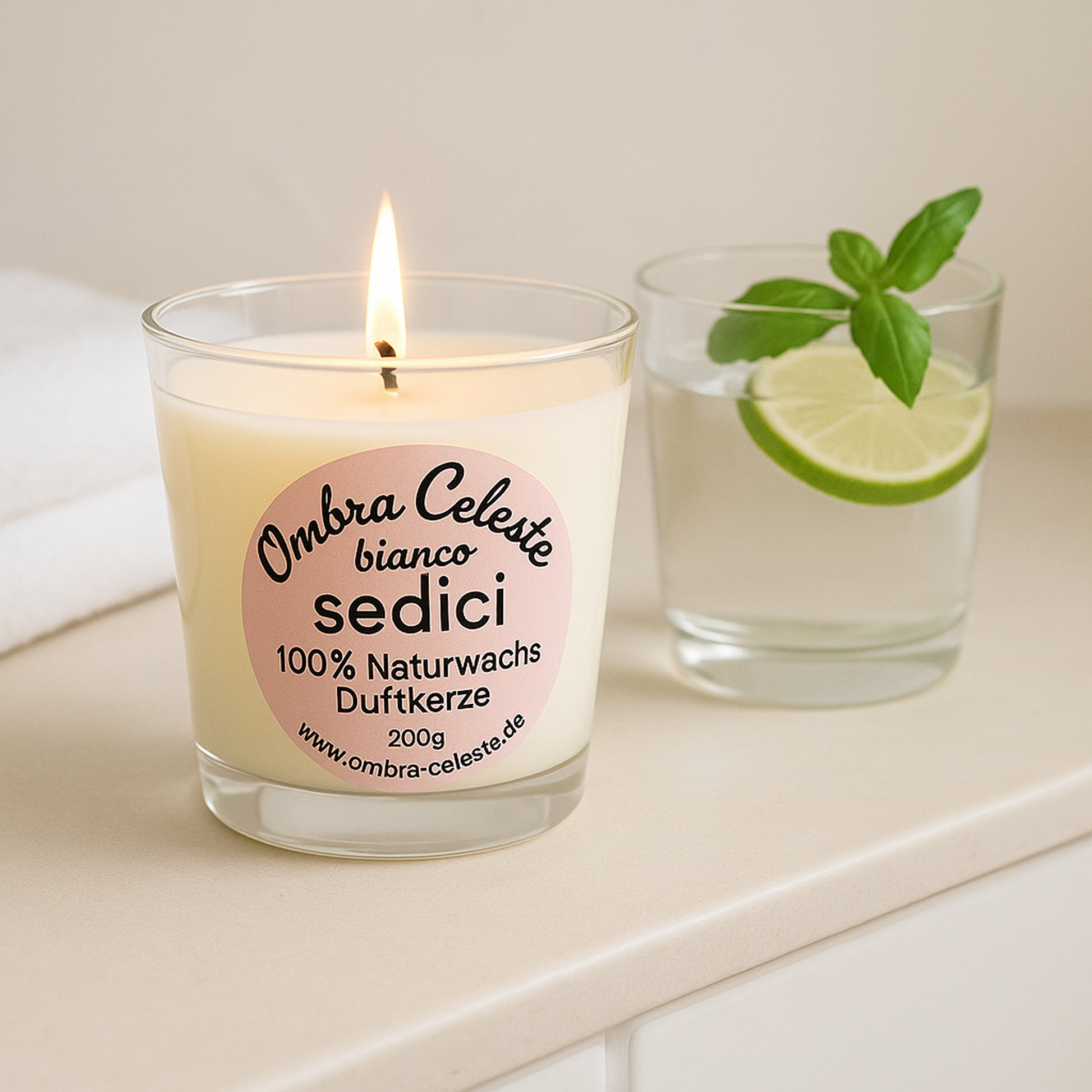 Ombra Celeste Duftkerze sedici bianco mit Glas Wasser, Limettenscheibe und Basilikum – Spa-Atmosphäre