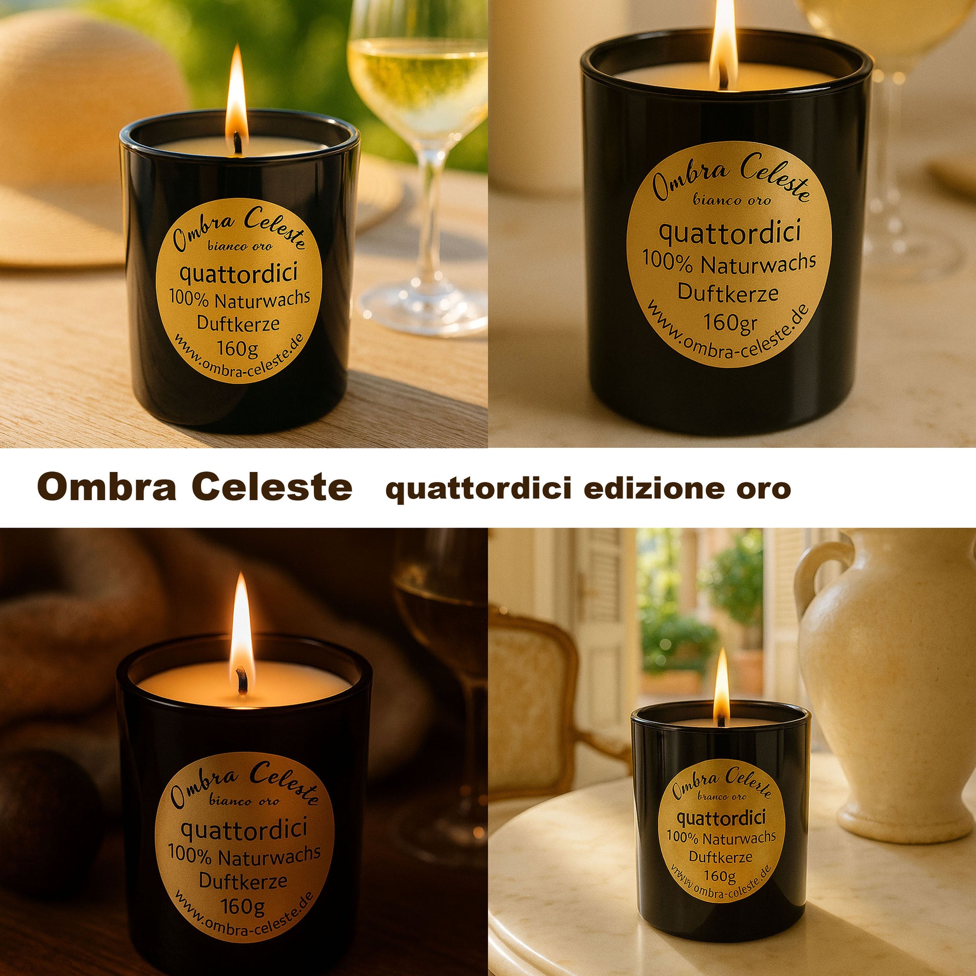 Doppelbild Ombra Celeste Duftkerzen - quattordici in goldener Ausführung mit starkem Kaffeearoma.