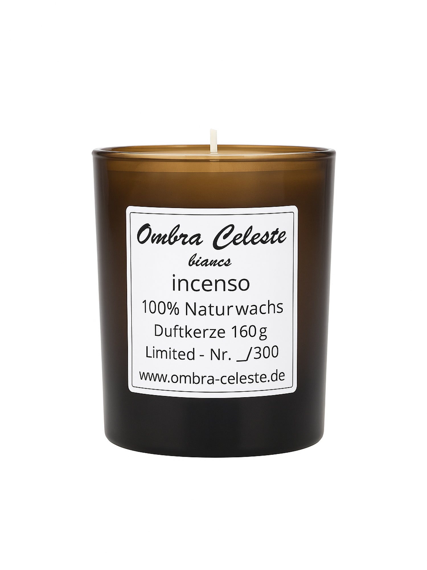 Ombra Celeste bianco Incenso – limitierte Duftkerze, 160 g, Glas amber, schwarzes Label