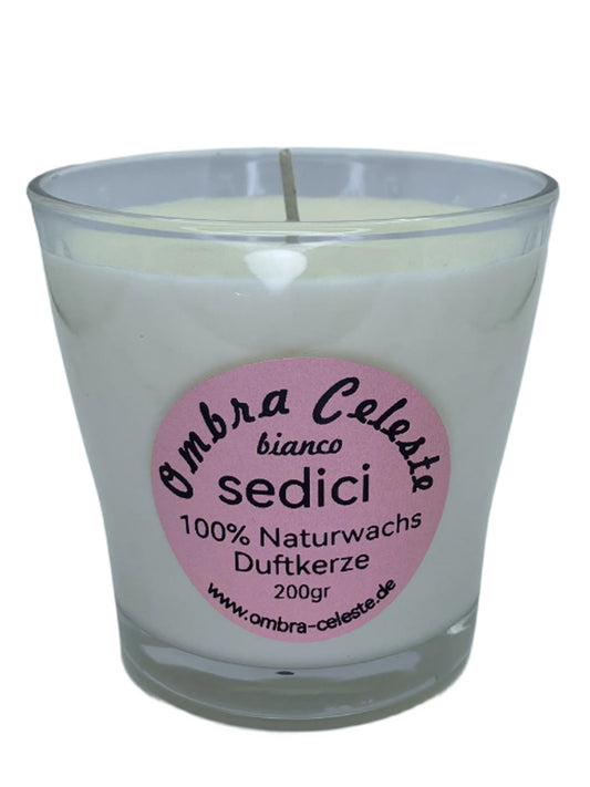 Naturwachs-Duftkerze Ombra Celeste sedici bianco im 200g Glas – Limette, Mandarine und Basilikum – handgegossen und vegan