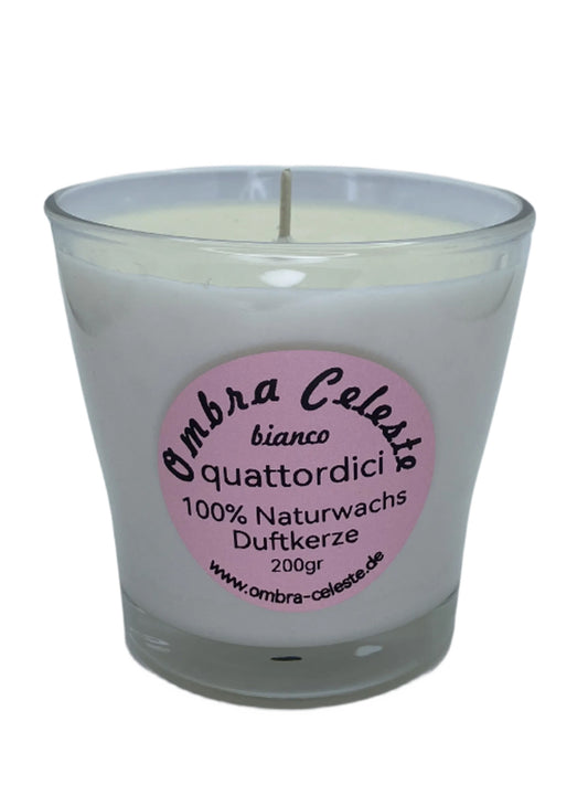 Weiße 200g Duftkerze Ombra Celeste quattordici – handgegossen aus Naturwachs mit Kaffee, Karamell und Vanille
