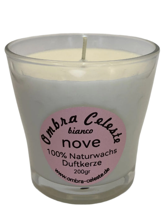 Weiße Duftkerze Ombra Celeste nove bianco – 200g Naturwachs, vegan & handgegossen – mit Eukalyptus, Orange und Zimt