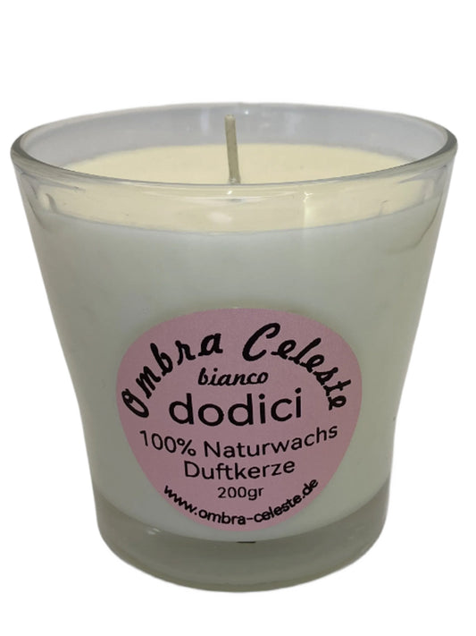 Duftkerze Ombra Celeste dodici bianco im weißen 200g Glas – ätherische Öle von Bergamotte, Jasmin, Ylang-Ylang, Amber – vegan & naturrein