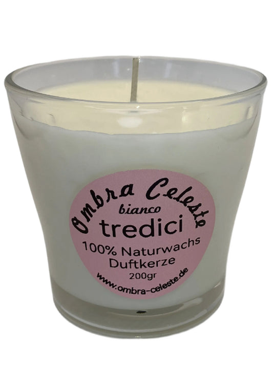 Duftkerze Ombra Celeste tredici bianco – vegan & handgegossen – mit Bergamotte, Patchouli, Zedernholz, im weißen 200g Glas