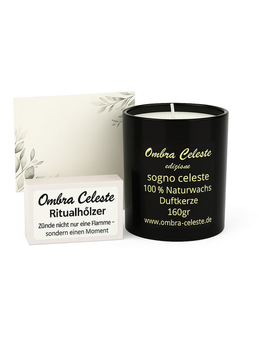 Sogno Celeste Set Duftkerze mit Orange, Eukalyptus & Zimt - inklusive Zündhölzer und Begleitkarte "Momente der Ruhe" von Ombra Celeste